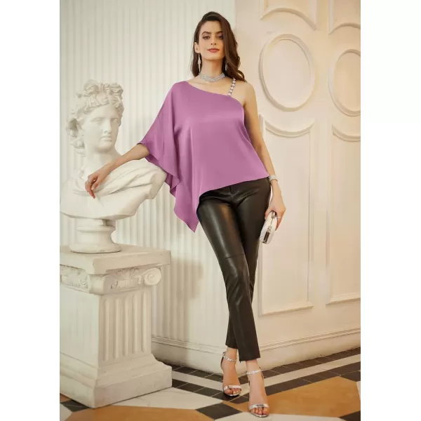 GRACE KARIN 2023 Womens Summer Satin One Shoulder Tops 34 Bell Sleeve Rhinestone Strap Asymmetrical Blouse ShirtPink Purplesatin