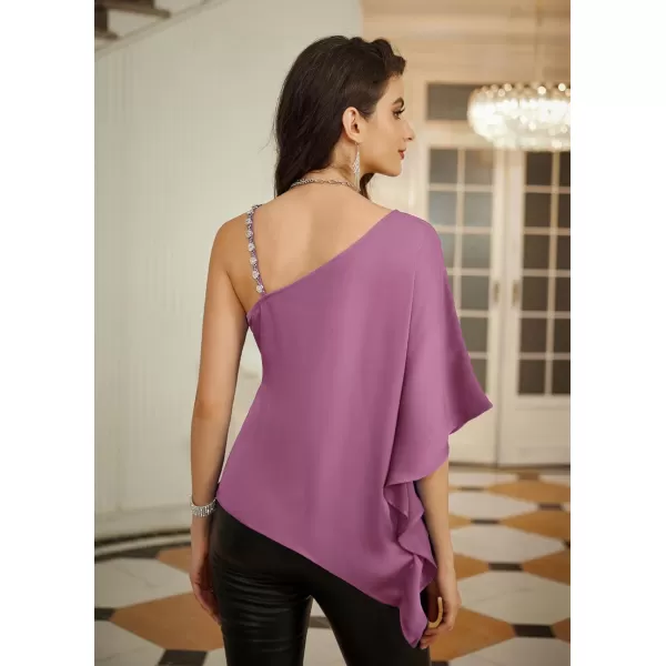 GRACE KARIN 2023 Womens Summer Satin One Shoulder Tops 34 Bell Sleeve Rhinestone Strap Asymmetrical Blouse ShirtPink Purplesatin