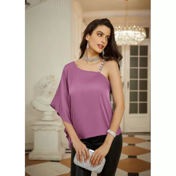 GRACE KARIN 2023 Womens Summer Satin One Shoulder Tops 34 Bell Sleeve Rhinestone Strap Asymmetrical Blouse ShirtPink Purplesatin