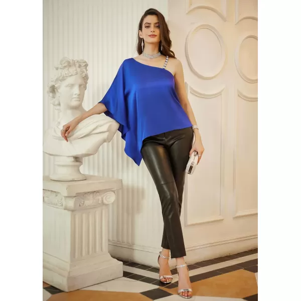 GRACE KARIN 2023 Womens Summer Satin One Shoulder Tops 34 Bell Sleeve Rhinestone Strap Asymmetrical Blouse ShirtRoyal Bluesatin