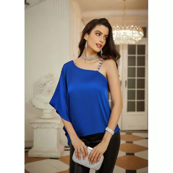 GRACE KARIN 2023 Womens Summer Satin One Shoulder Tops 34 Bell Sleeve Rhinestone Strap Asymmetrical Blouse ShirtRoyal Bluesatin