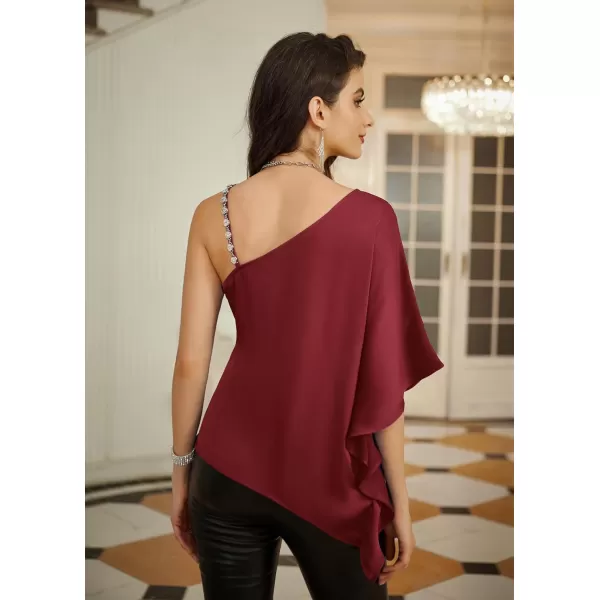 GRACE KARIN 2023 Womens Summer Satin One Shoulder Tops 34 Bell Sleeve Rhinestone Strap Asymmetrical Blouse ShirtWine Redsatin