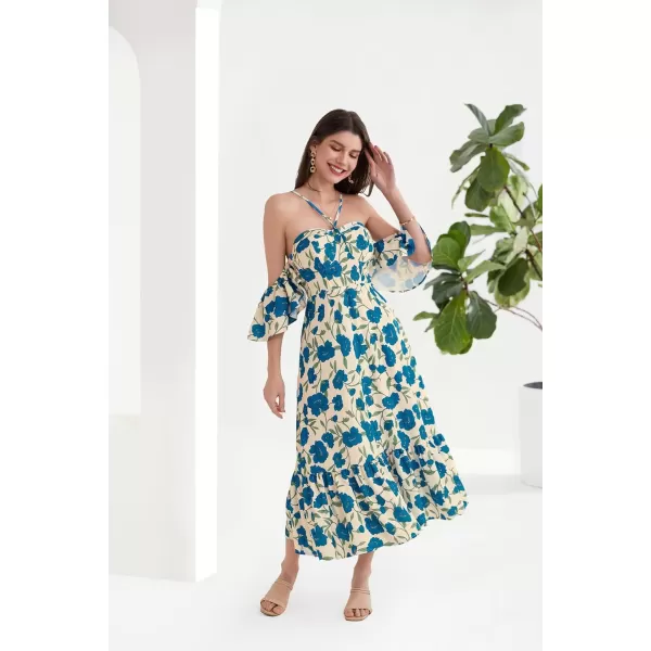 GRACE KARIN 2024 Summer Halter Neck Floral Print Ruffle A Line Maxi DressesWhite Blue