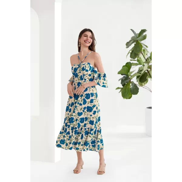 GRACE KARIN 2024 Summer Halter Neck Floral Print Ruffle A Line Maxi DressesWhite Blue