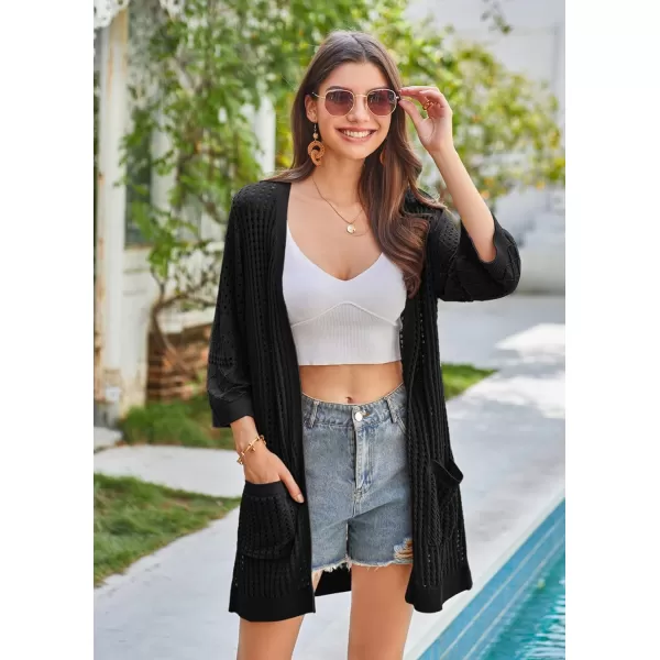 GRACE KARIN 2024 Summer Lightweight Cardigans for Women Short Sleeve Crochet Casual Kimono Cardigans with PocketsBlack