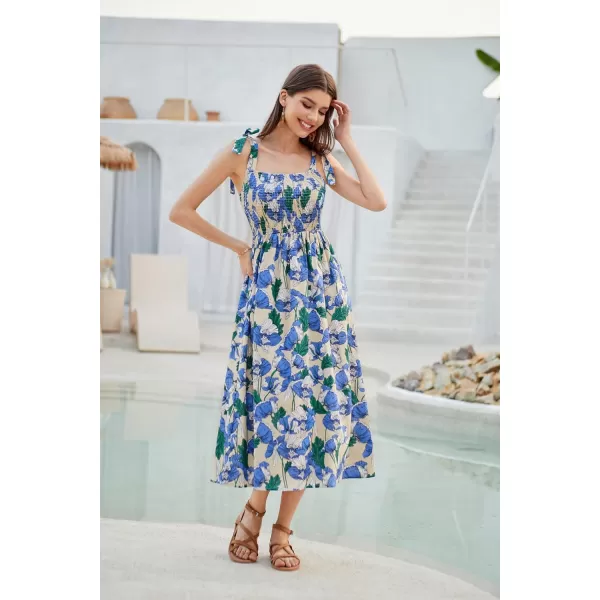 GRACE KARIN 2024 Summer Sleeveless Spaghetti Strap Floral Print Smocked High Waist Shirred Midi Dress Beach Sun DressFloral Blue