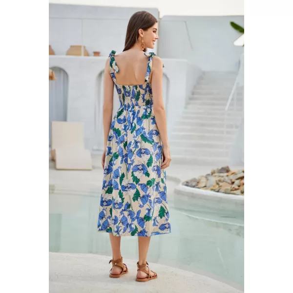 GRACE KARIN 2024 Summer Sleeveless Spaghetti Strap Floral Print Smocked High Waist Shirred Midi Dress Beach Sun DressFloral Blue