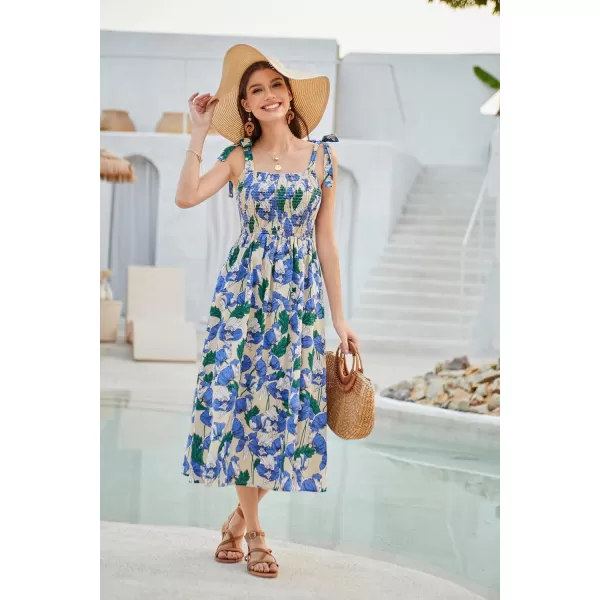 GRACE KARIN 2024 Summer Sleeveless Spaghetti Strap Floral Print Smocked High Waist Shirred Midi Dress Beach Sun DressFloral Blue