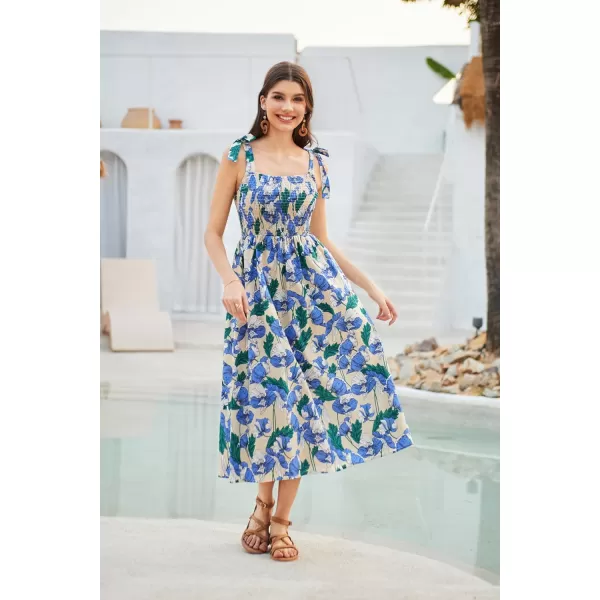 GRACE KARIN 2024 Summer Sleeveless Spaghetti Strap Floral Print Smocked High Waist Shirred Midi Dress Beach Sun DressFloral Blue