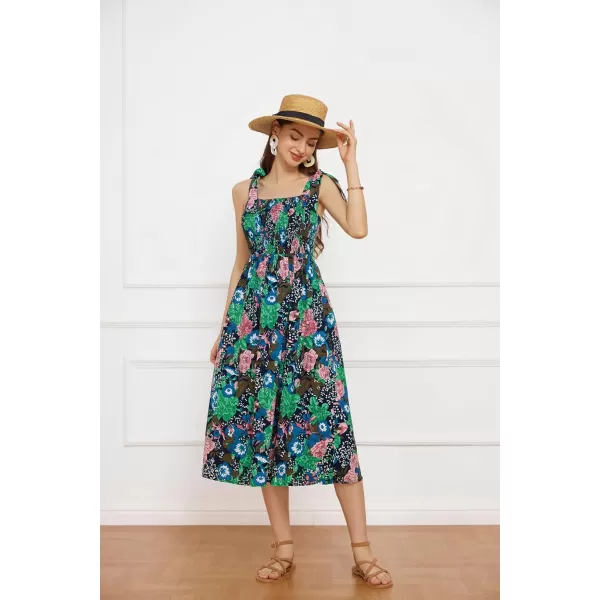 GRACE KARIN 2024 Summer Sleeveless Spaghetti Strap Floral Print Smocked High Waist Shirred Midi Dress Beach Sun DressFloralblack