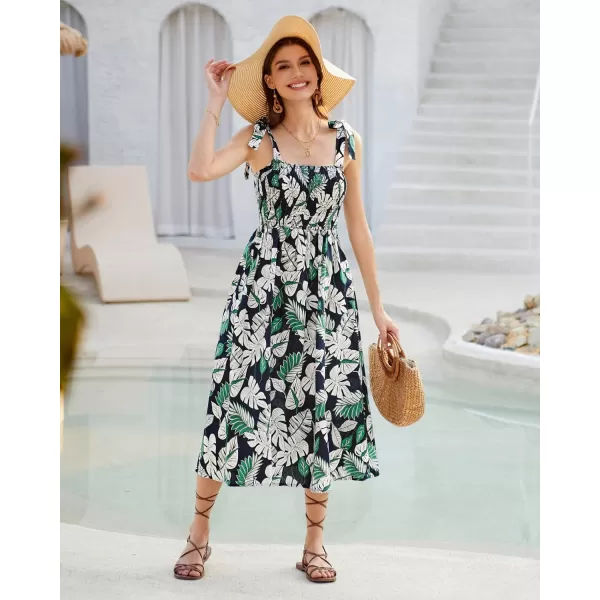 GRACE KARIN 2024 Summer Sleeveless Spaghetti Strap Floral Print Smocked High Waist Shirred Midi Dress Beach Sun DressTropical