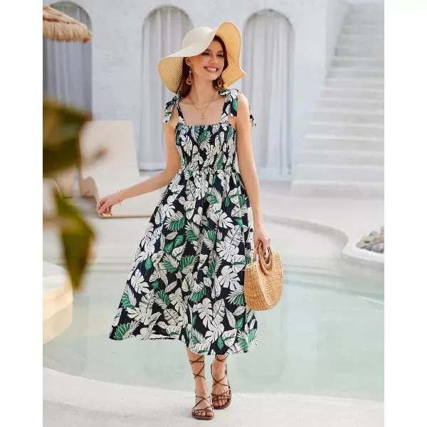 GRACE KARIN 2024 Summer Sleeveless Spaghetti Strap Floral Print Smocked High Waist Shirred Midi Dress Beach Sun DressTropical