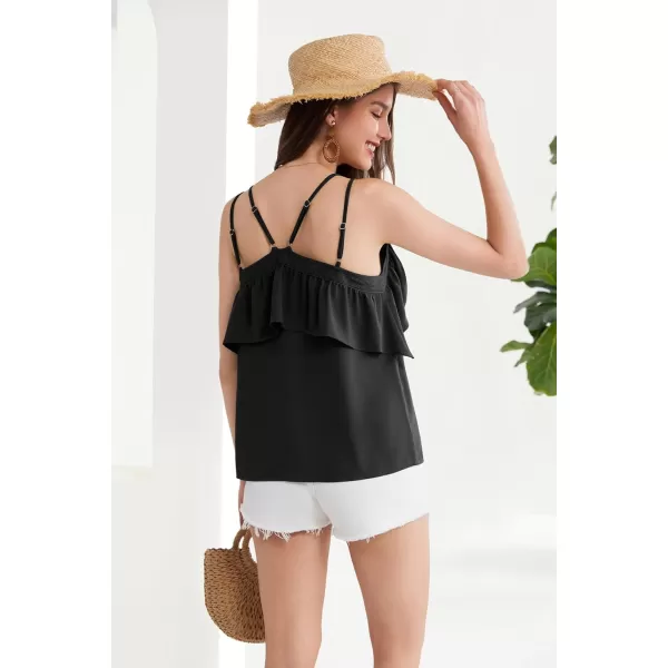 GRACE KARIN 2024 Summer V Neck Lace Trim Ruffled Tank Tops Spaghetti Strap Sleeveless Casual Strappy Camisole ShirtsBlack