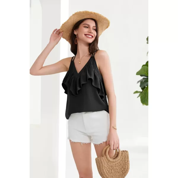 GRACE KARIN 2024 Summer V Neck Lace Trim Ruffled Tank Tops Spaghetti Strap Sleeveless Casual Strappy Camisole ShirtsBlack