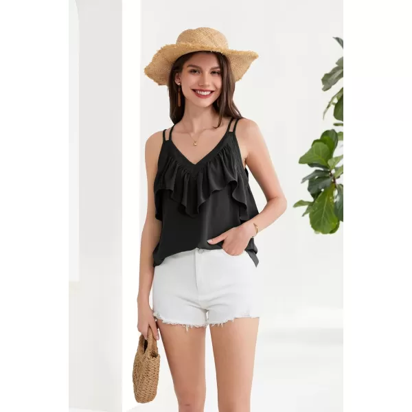 GRACE KARIN 2024 Summer V Neck Lace Trim Ruffled Tank Tops Spaghetti Strap Sleeveless Casual Strappy Camisole ShirtsBlack