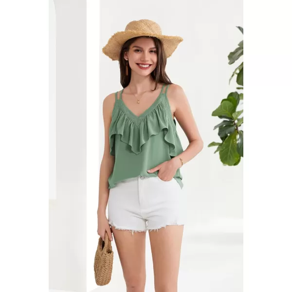 GRACE KARIN 2024 Summer V Neck Lace Trim Ruffled Tank Tops Spaghetti Strap Sleeveless Casual Strappy Camisole ShirtsPea Green