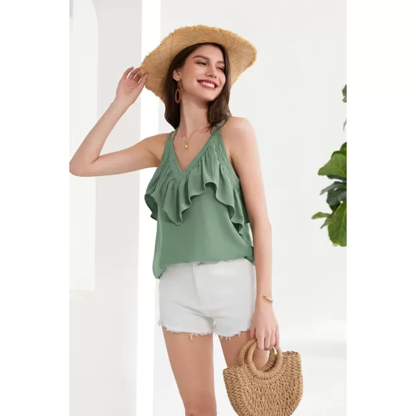 GRACE KARIN 2024 Summer V Neck Lace Trim Ruffled Tank Tops Spaghetti Strap Sleeveless Casual Strappy Camisole ShirtsPea Green