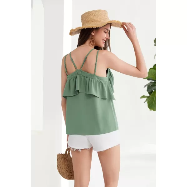 GRACE KARIN 2024 Summer V Neck Lace Trim Ruffled Tank Tops Spaghetti Strap Sleeveless Casual Strappy Camisole ShirtsPea Green