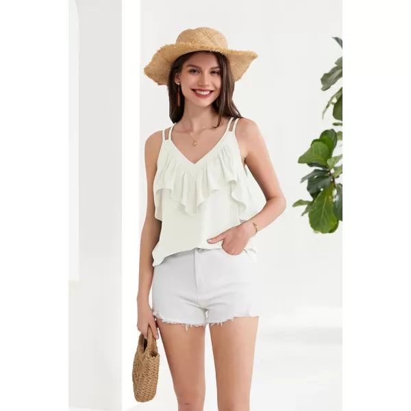 GRACE KARIN 2024 Summer V Neck Lace Trim Ruffled Tank Tops Spaghetti Strap Sleeveless Casual Strappy Camisole ShirtsWhite