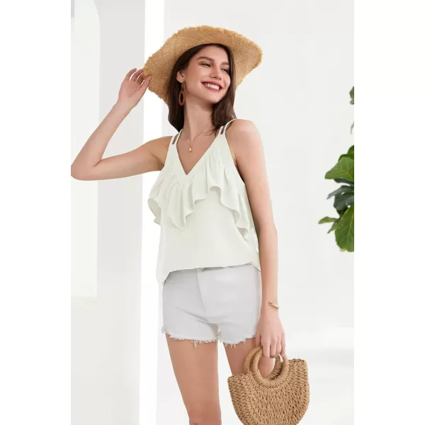 GRACE KARIN 2024 Summer V Neck Lace Trim Ruffled Tank Tops Spaghetti Strap Sleeveless Casual Strappy Camisole ShirtsWhite