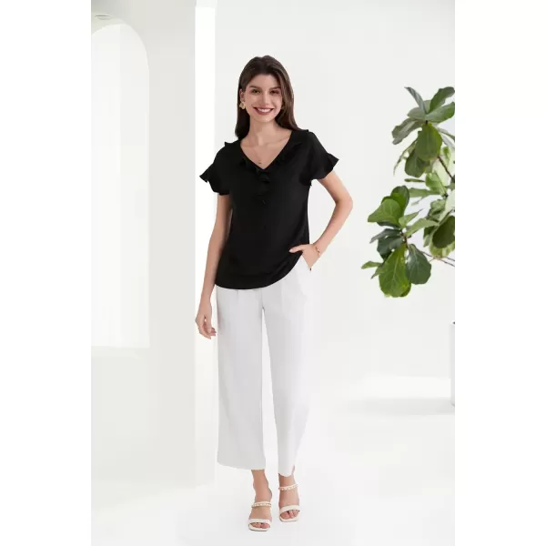 GRACE KARIN 2024 Summer V Neck Ruffle Short Sleeve Blouse Casual Loose Fit Shirts TopsBlack