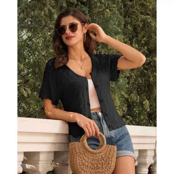 GRACE KARIN 2024 Summer Womens Short Sleeve Crochet Cardigan Shrug Cropped Sweater Bolero Lightweight Knit Button Up TopsBlack