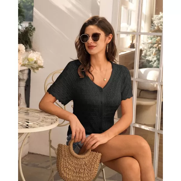 GRACE KARIN 2024 Summer Womens Short Sleeve Crochet Cardigan Shrug Cropped Sweater Bolero Lightweight Knit Button Up TopsBlack