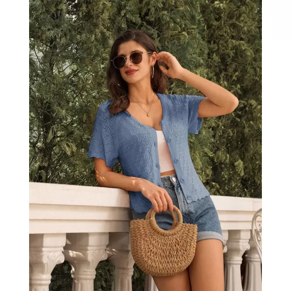 GRACE KARIN 2024 Summer Womens Short Sleeve Crochet Cardigan Shrug Cropped Sweater Bolero Lightweight Knit Button Up TopsBlue