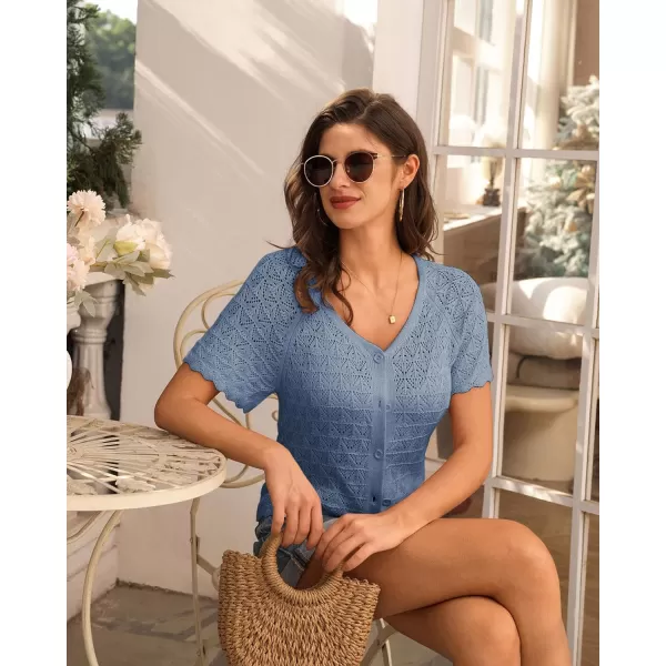 GRACE KARIN 2024 Summer Womens Short Sleeve Crochet Cardigan Shrug Cropped Sweater Bolero Lightweight Knit Button Up TopsBlue