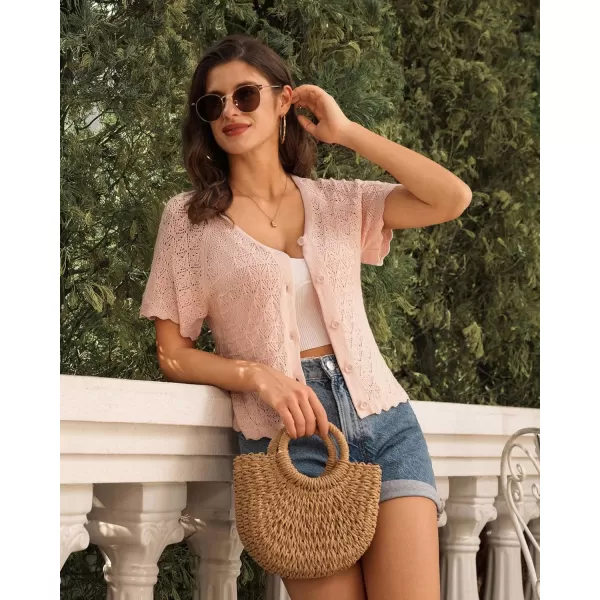 GRACE KARIN 2024 Summer Womens Short Sleeve Crochet Cardigan Shrug Cropped Sweater Bolero Lightweight Knit Button Up TopsPink