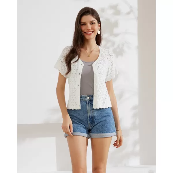 GRACE KARIN 2024 Summer Womens Short Sleeve Crochet Cardigan Shrug Cropped Sweater Bolero Lightweight Knit Button Up TopsWhite