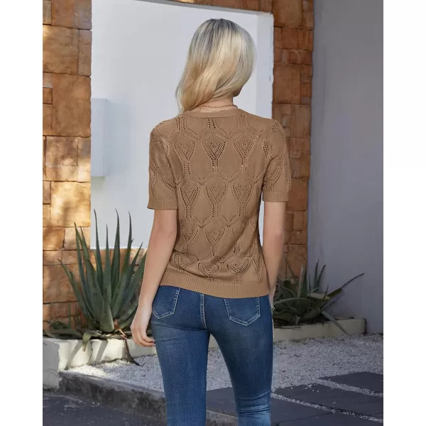 GRACE KARIN 2024 Summer Womens Short Sleeve Crochet Cardigan Shrug V Neck Bolero Sweater TopsBrown