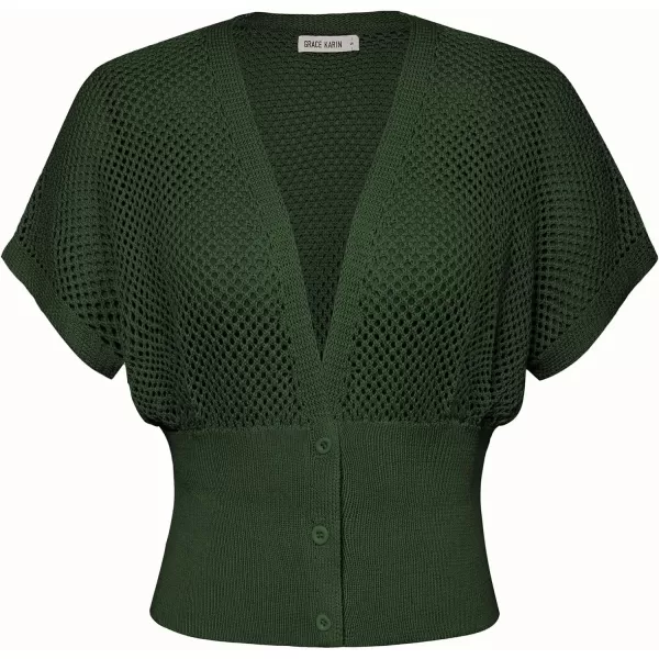 GRACE KARIN 2024 Women Short Sleeve Crochet Cardigan Summer Draped VNeck Bolero Shrug Sweater Hollow Out Beach Cover UpArmy Green