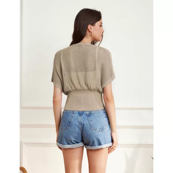 GRACE KARIN 2024 Women Short Sleeve Crochet Cardigan Summer Draped VNeck Bolero Shrug Sweater Hollow Out Beach Cover UpBeige