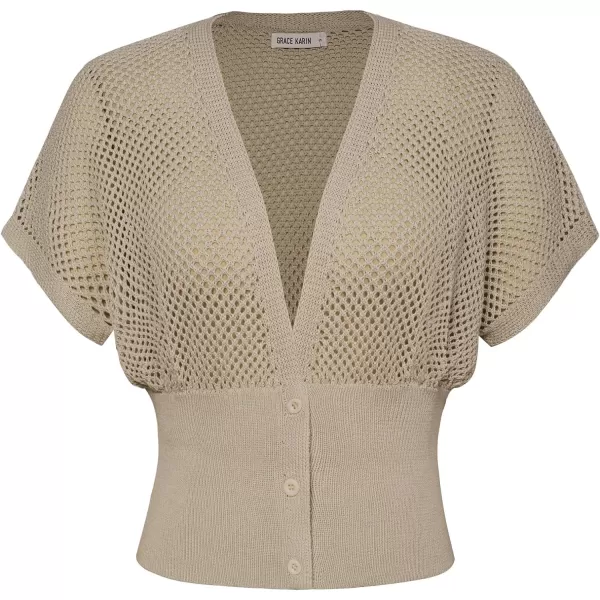 GRACE KARIN 2024 Women Short Sleeve Crochet Cardigan Summer Draped VNeck Bolero Shrug Sweater Hollow Out Beach Cover UpBeige