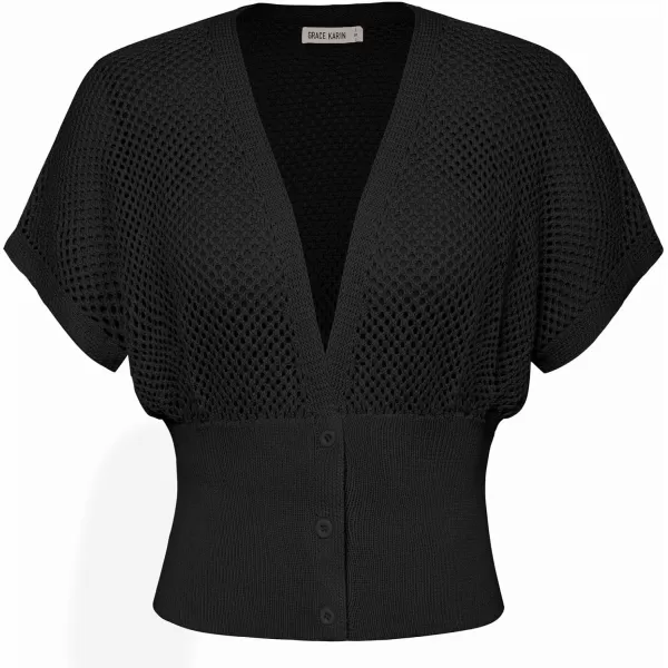 GRACE KARIN 2024 Women Short Sleeve Crochet Cardigan Summer Draped VNeck Bolero Shrug Sweater Hollow Out Beach Cover UpBlack