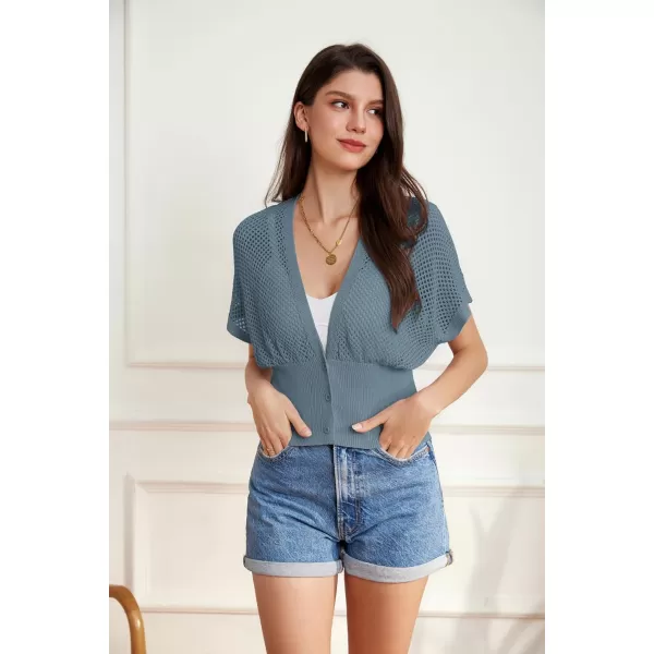 GRACE KARIN 2024 Women Short Sleeve Crochet Cardigan Summer Draped VNeck Bolero Shrug Sweater Hollow Out Beach Cover UpGrey Blue