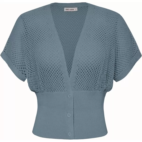 GRACE KARIN 2024 Women Short Sleeve Crochet Cardigan Summer Draped VNeck Bolero Shrug Sweater Hollow Out Beach Cover UpGrey Blue