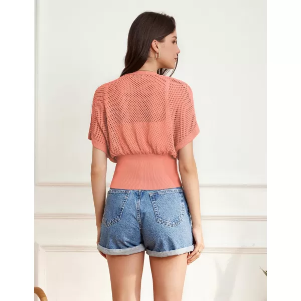 GRACE KARIN 2024 Women Short Sleeve Crochet Cardigan Summer Draped VNeck Bolero Shrug Sweater Hollow Out Beach Cover UpLight Orange