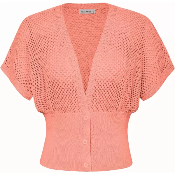 GRACE KARIN 2024 Women Short Sleeve Crochet Cardigan Summer Draped VNeck Bolero Shrug Sweater Hollow Out Beach Cover UpLight Orange