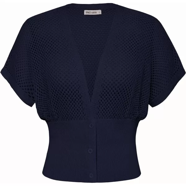 GRACE KARIN 2024 Women Short Sleeve Crochet Cardigan Summer Draped VNeck Bolero Shrug Sweater Hollow Out Beach Cover UpNavy Blue