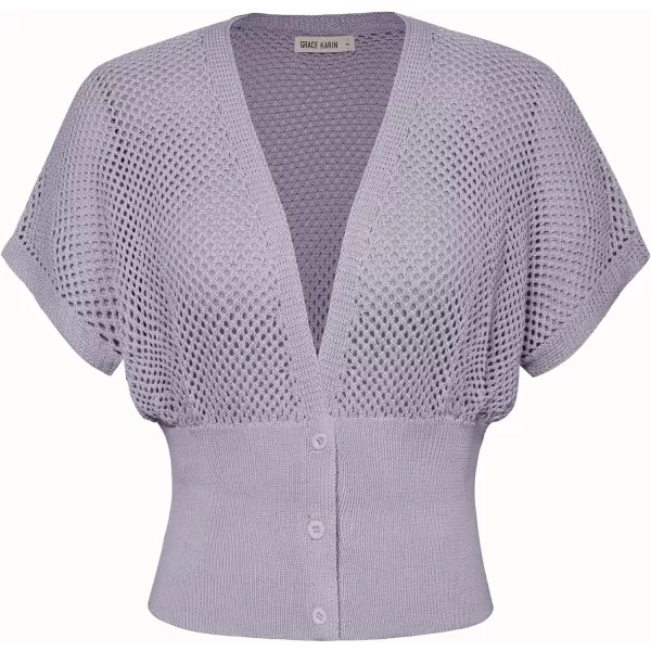 GRACE KARIN 2024 Women Short Sleeve Crochet Cardigan Summer Draped VNeck Bolero Shrug Sweater Hollow Out Beach Cover UpPurple