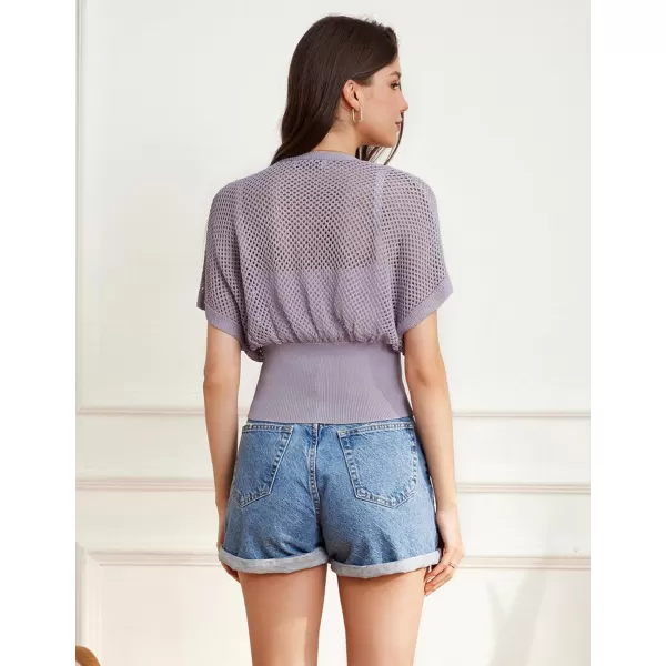 GRACE KARIN 2024 Women Short Sleeve Crochet Cardigan Summer Draped VNeck Bolero Shrug Sweater Hollow Out Beach Cover UpPurple