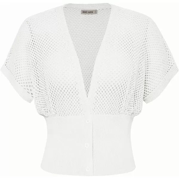 GRACE KARIN 2024 Women Short Sleeve Crochet Cardigan Summer Draped VNeck Bolero Shrug Sweater Hollow Out Beach Cover UpWhite