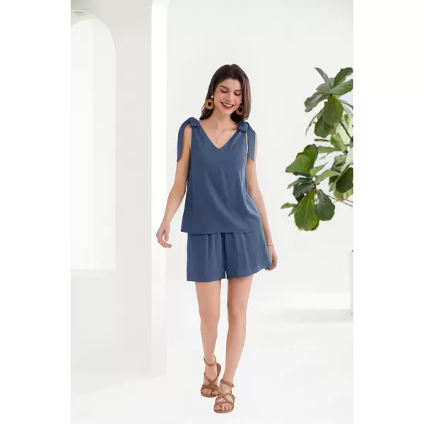 GRACE KARIN 2024 Womens 2 Piece Outfits Summer Short Sets Sleeveless Tie Knot Straps Top and Shorts Cotton Linen SetsGrey Blue