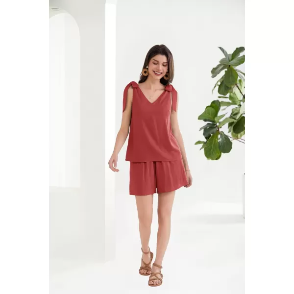 GRACE KARIN 2024 Womens 2 Piece Outfits Summer Short Sets Sleeveless Tie Knot Straps Top and Shorts Cotton Linen SetsRust Red