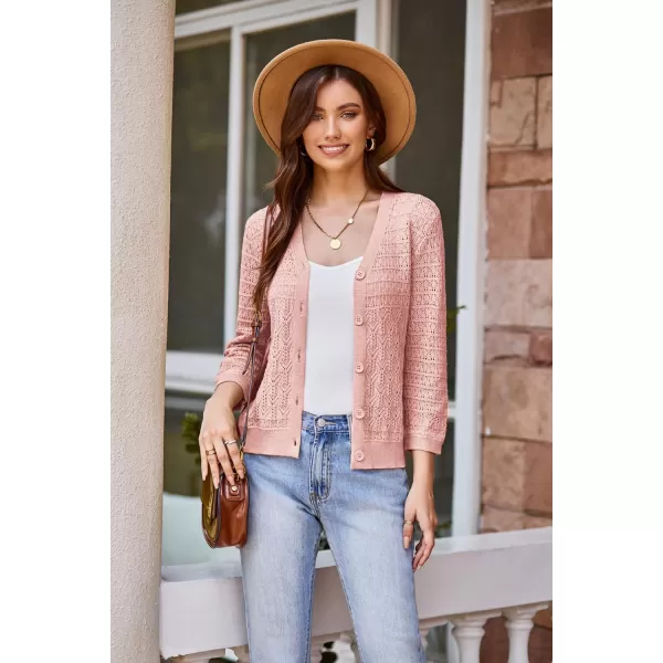 GRACE KARIN 2024 Womens 34 Sleeve Crochet Knit Button Down Cardigan Cropped Shrug Bolero Lightweight Sweaters TopsPink