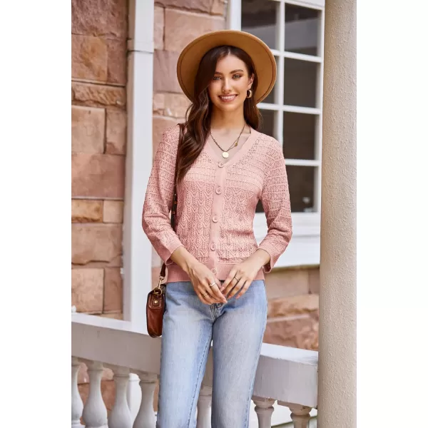 GRACE KARIN 2024 Womens 34 Sleeve Crochet Knit Button Down Cardigan Cropped Shrug Bolero Lightweight Sweaters TopsPink