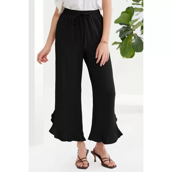 GRACE KARIN 2024 Womens Boho Wide Leg Pants Casual Palazzo Pants High Waisted Beach Flowy Ruffle Trousers with PocketsBlack