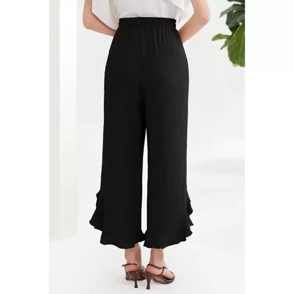 GRACE KARIN 2024 Womens Boho Wide Leg Pants Casual Palazzo Pants High Waisted Beach Flowy Ruffle Trousers with PocketsBlack